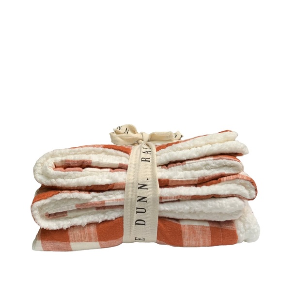 Rae Dunn blessed Buffalo Check Sherpa Throw Blanket Orange Cream White Plaid NWT - Picture 6 of 15